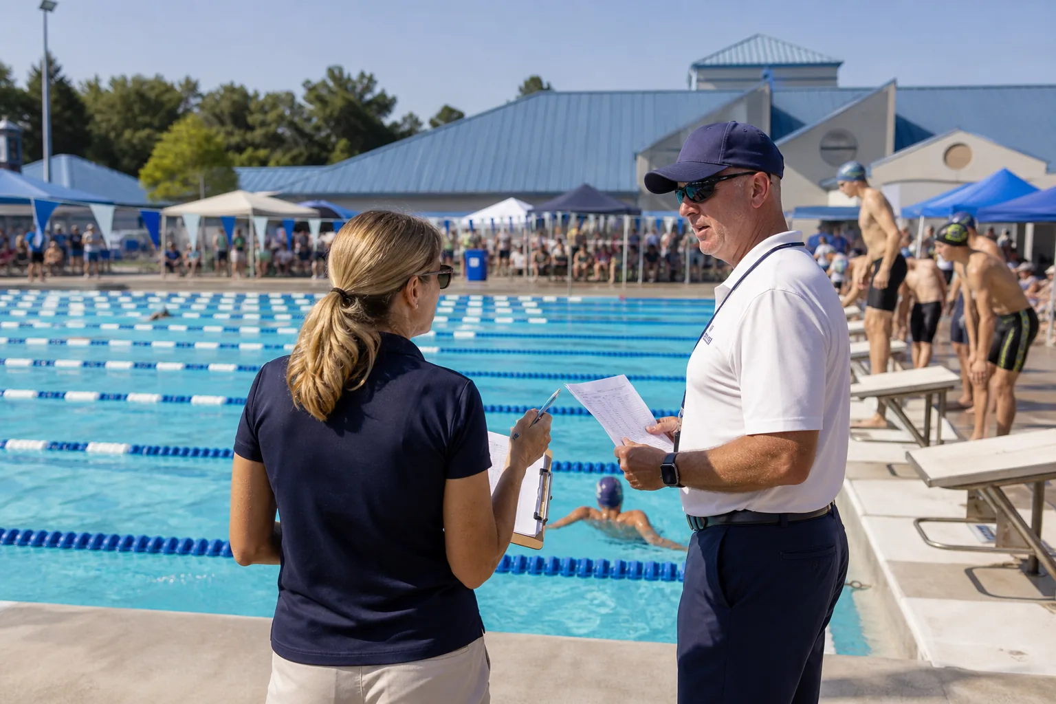 A swim meet director and volunteer coordinating beside the pool