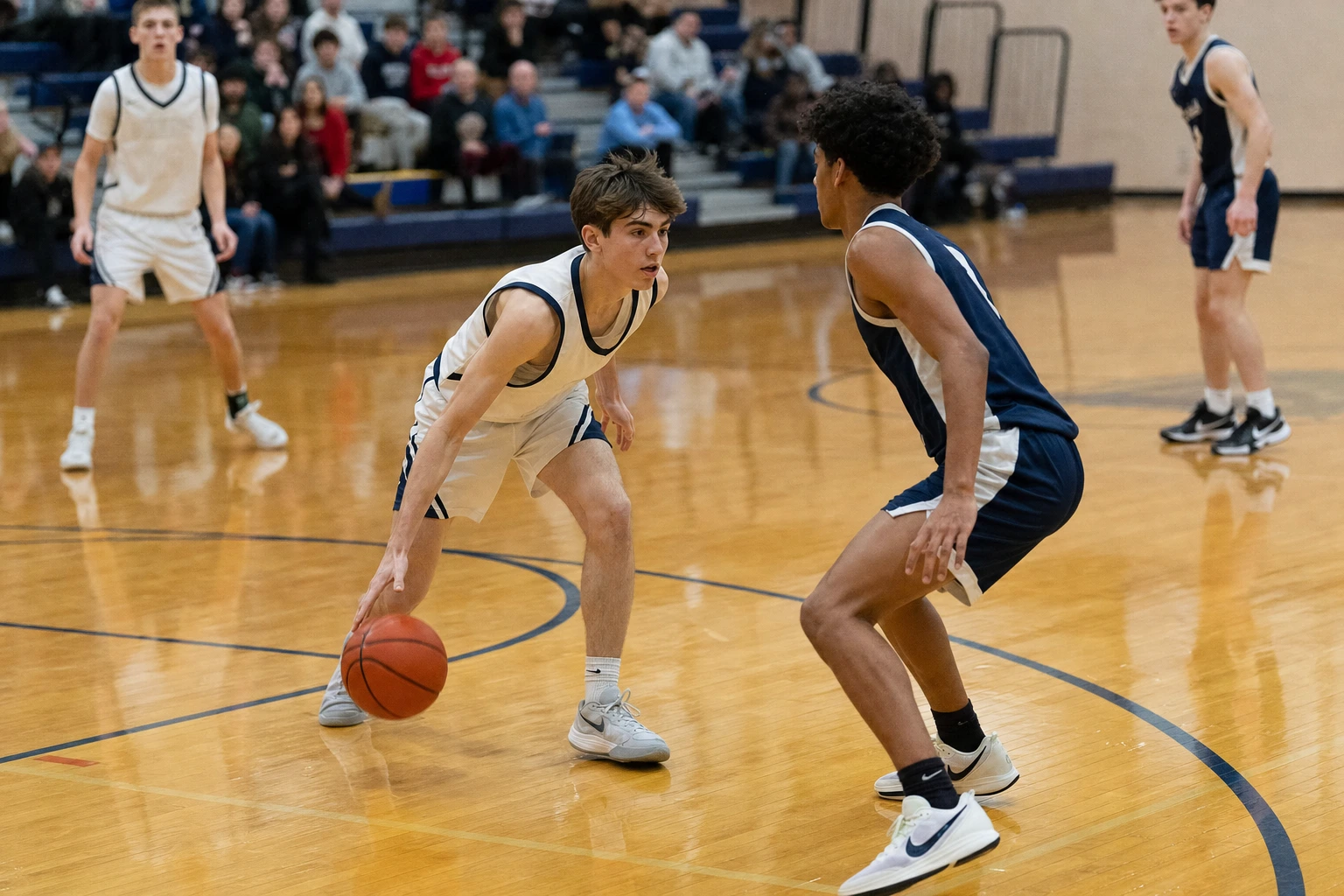 Teenage athletes competing during a community basketball game