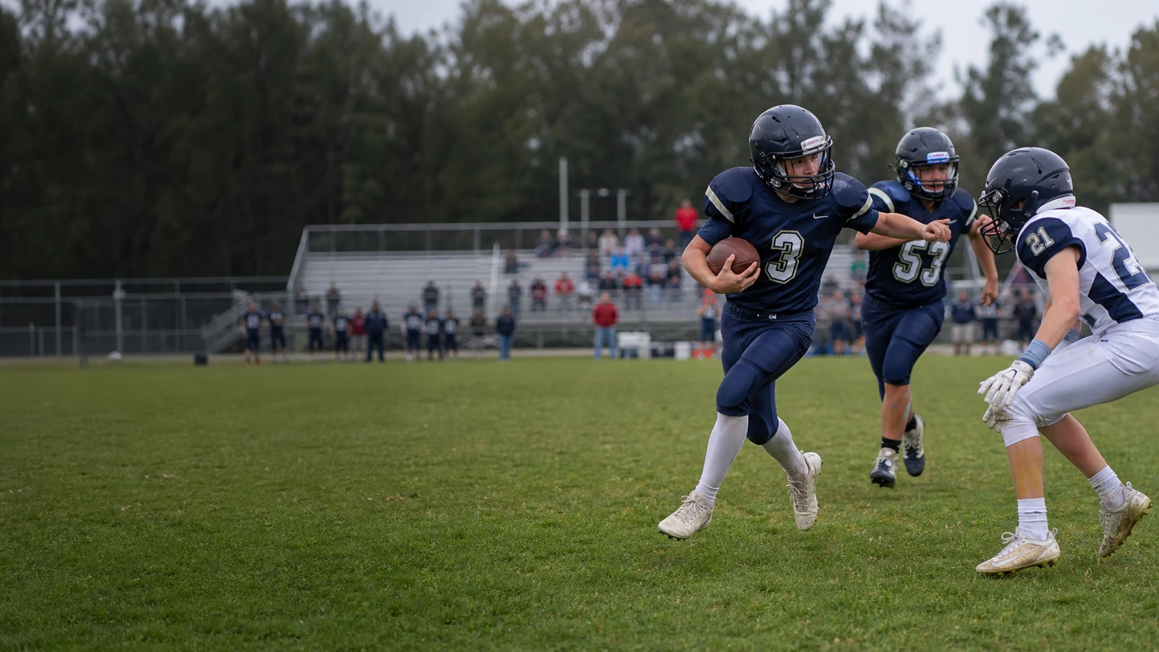 Teenage football players competing during a community game