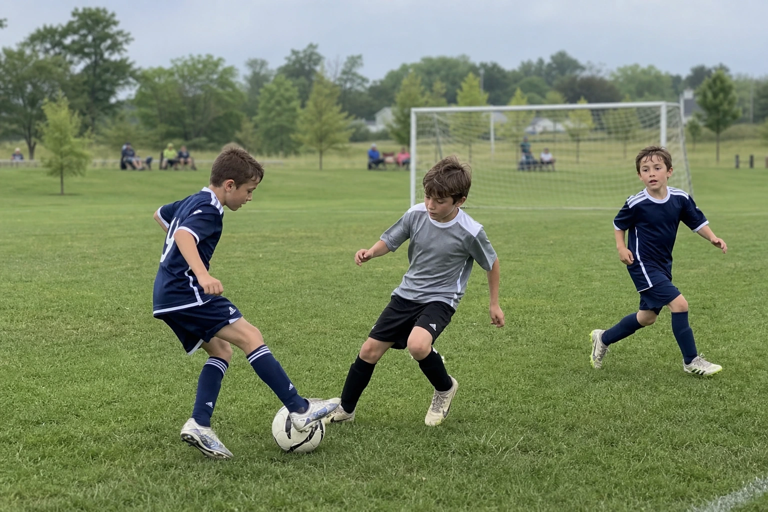 Young athletes contesting the ball during a community soccer game